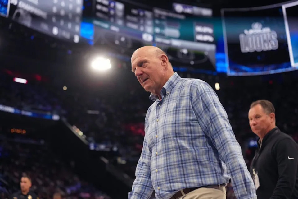 LA Clippers owner Steve Ballmer reacts against the San Antonio Spurs in the first half at Intuit Dome.