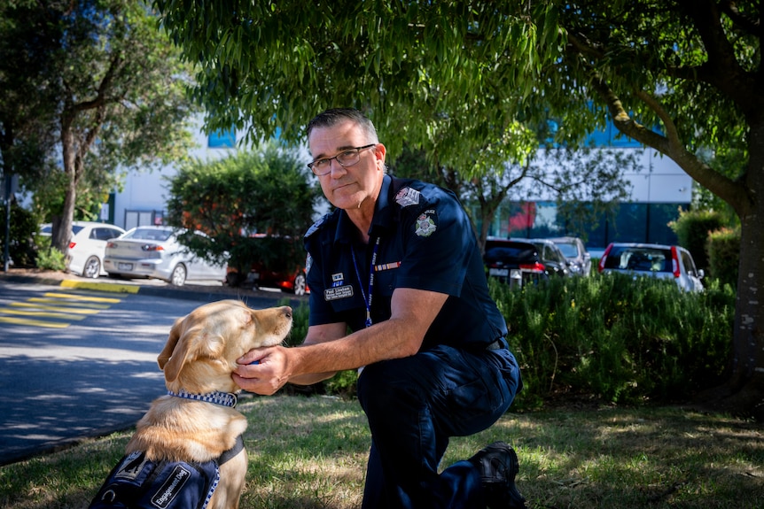 A police officer petting a police dog