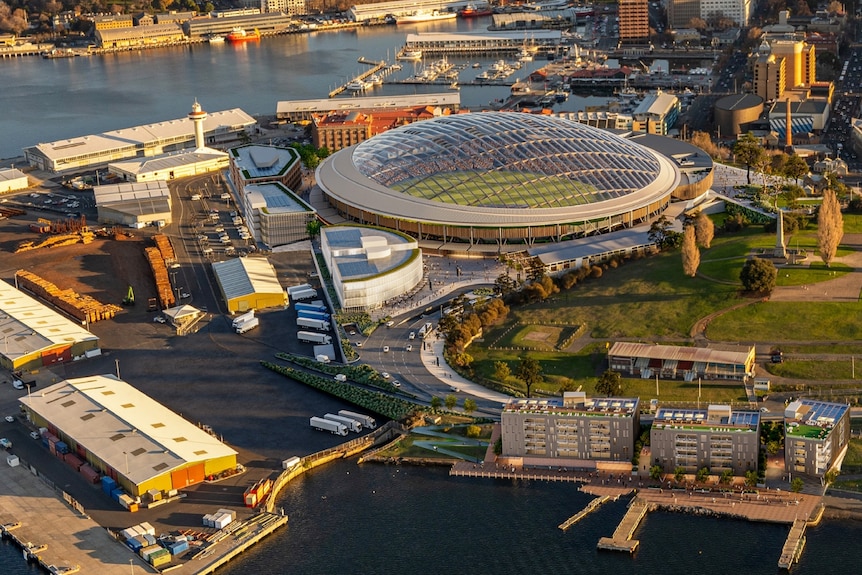 An aerial view od Hobart's waterfront, with an artist's impression of the stadium and new housing.