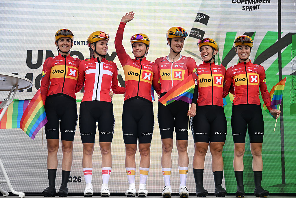ROSKILDE, DENMARK - JUNE 13: Susanne Andersen of Norway, Teuntje Beekhuis of Netherlands, Alberte Greve of Denmark, Francesca Pellegrini of Italy, Laura Tomasi of Italy, Linda Zanetti of Switzerland and Team Uno-X Mobility prior to the 2nd Copenhagen Sprint 2026, Women's Elite a 156km one day race from Roskilde to Copenhagen / #UCIWWT / on June 13, 2026 in Roskilde, Denmark. (Photo by Luc Claessen/Getty Images)