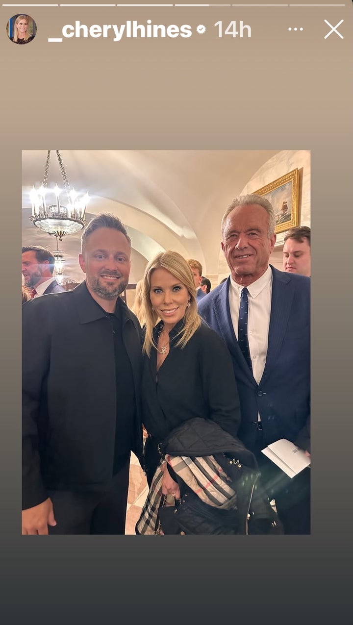 (Left to right) Nate Bargatze, Cheryl Hines and Robert F. Kennedy Jr. at the White House Sunday night.