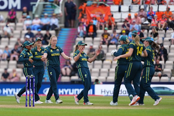 Australia celebrates a wicket during their 98 run win over the Netherlands.