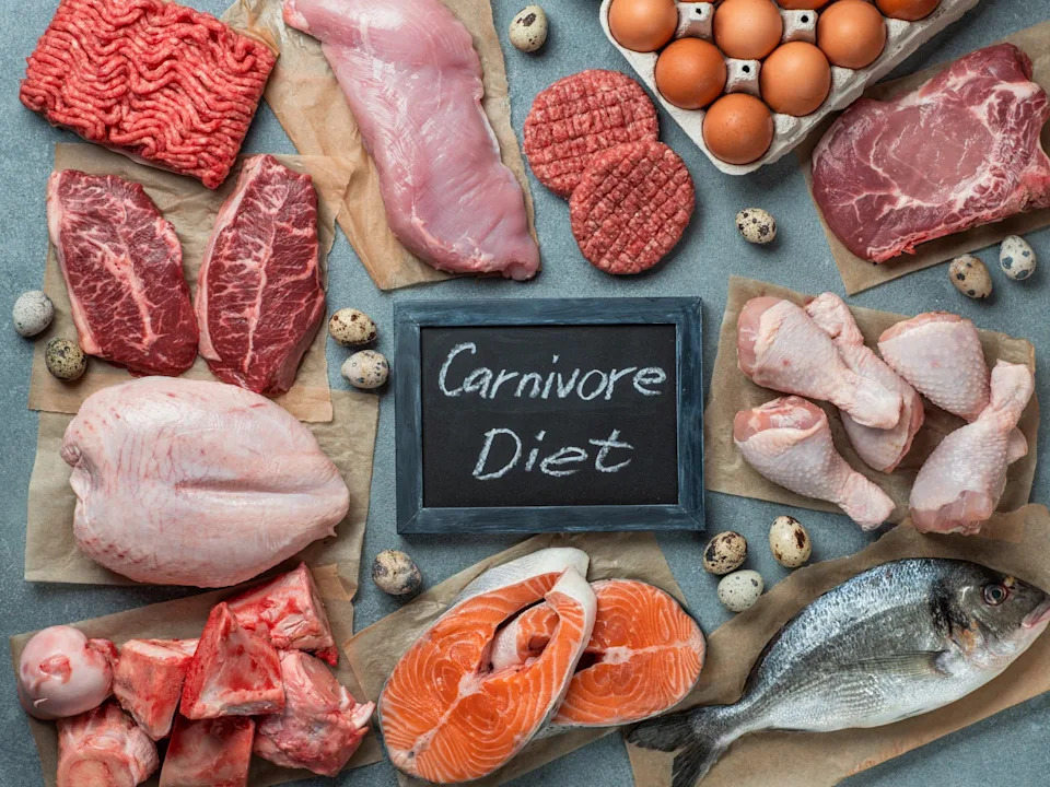 Various meats, fish, eggs, and a sign reading "Carnivore Diet" arranged on a surface, illustrating a meat-based diet concept