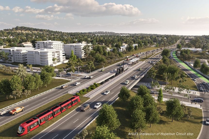 An artists impression of a light rail corridor going down a major Canberra road.