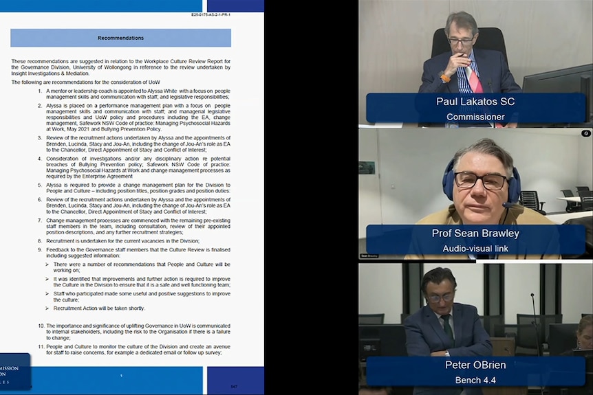 A screenshot of a document and three men in an online meeting.