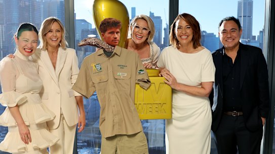Gold Logie nominees (from left) Poh Ling Yeow, Allison Langdon, a cardboard Robert Irwin, Julia Morris, Lisa Millar and Sam Pang at the nominations announcment for the 66th TV Week Logie Awards.