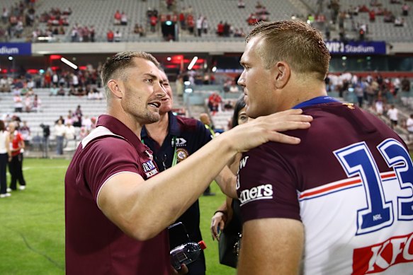 Jake Trbojevic with coach Kieran Foran after the game against the Dragons in round six.