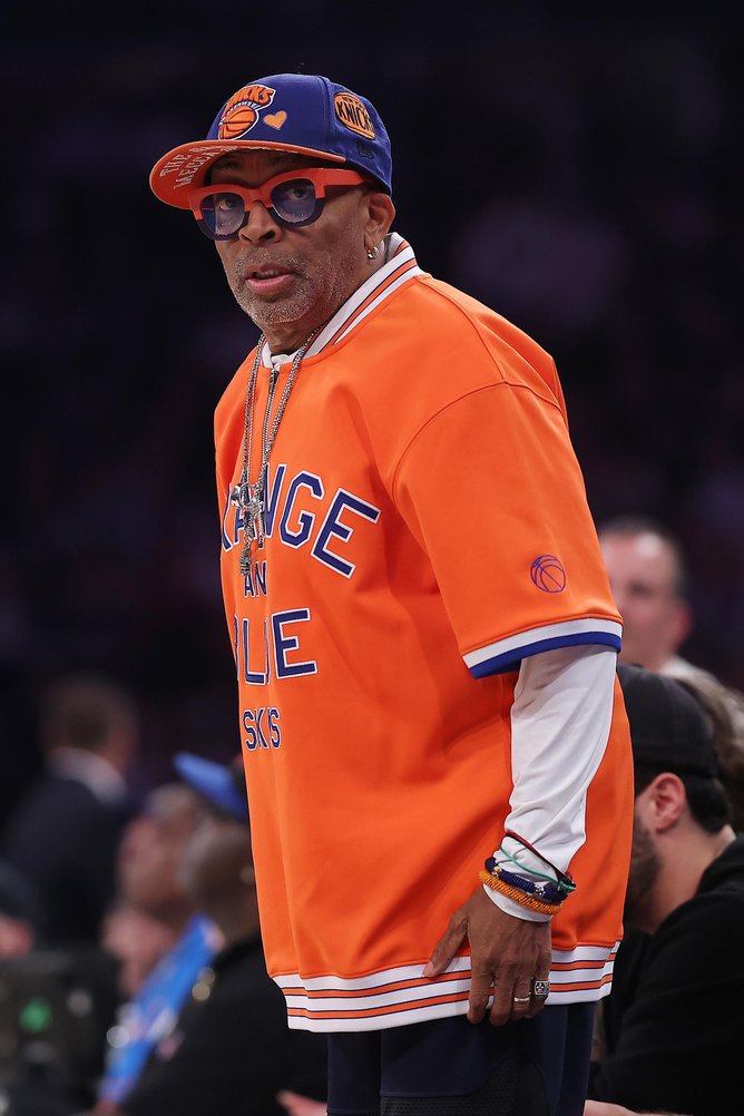 Spike Lee looks on during the first quarter in Game Two of the Second Round of the NBA Eastern Conference Playoffs between the New York Knicks and the Philadelphia 76ers at Madison Square Garden on May 06, 2026 in New York City. 