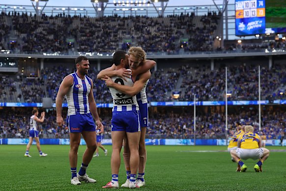 Jack Darling, Taylor Goad and Luke Davies-Uniacke of the Kangaroos celebrate.