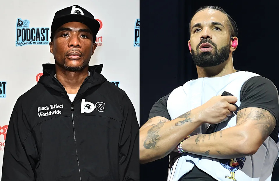 Charlamagne Tha God in a black jacket and cap, and Drake performing in a white vest with a microphone.