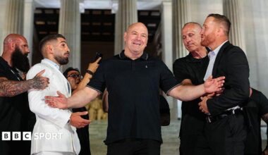 Ilia Topuria and Justin Gaethje in front of the Lincoln Memorial