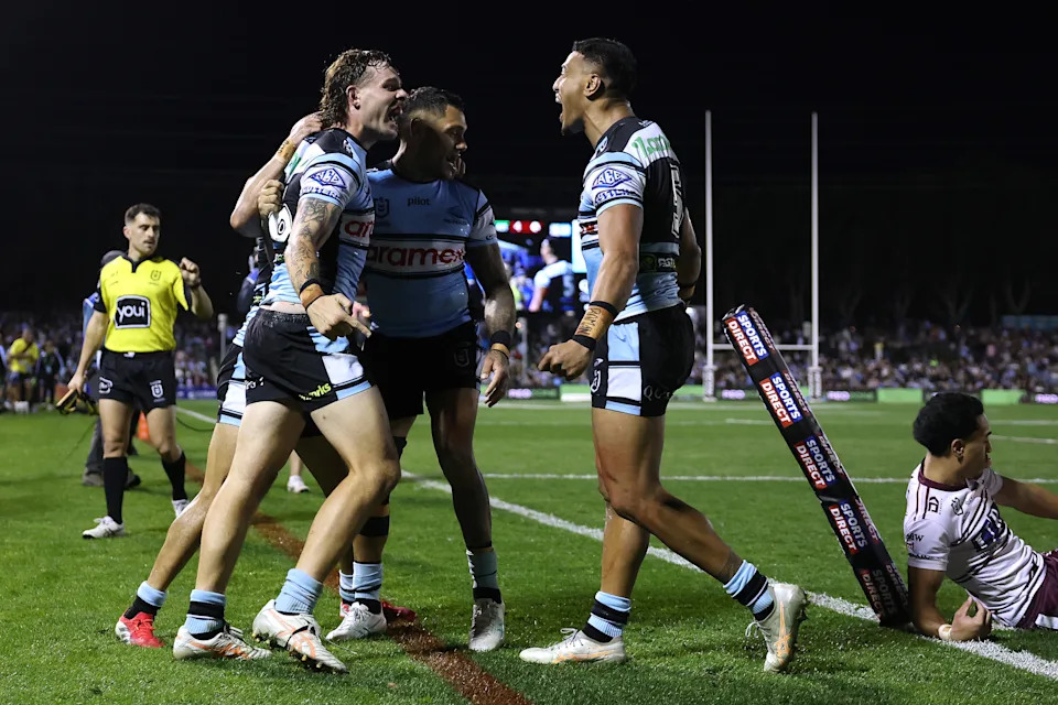 This image shows Cronulla playing Manly at their Ocean Protect Stadium home ground in the NRL.