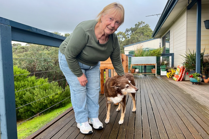 A woman with a dog on a deck