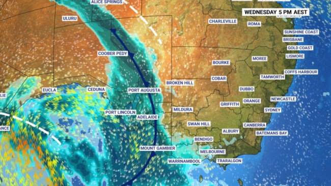 Widespread rainfall is set to drench much of the country’s west and south as a cold front pushes across Australia’s southern coastline. Picture: Sky News Weather