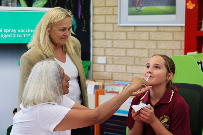 Education and Preventative Health Minister Sabine Winton at Connolly Primary School, which has partnered with Kinross Pharmacy to offer optional after-school flu vaccination clinics.