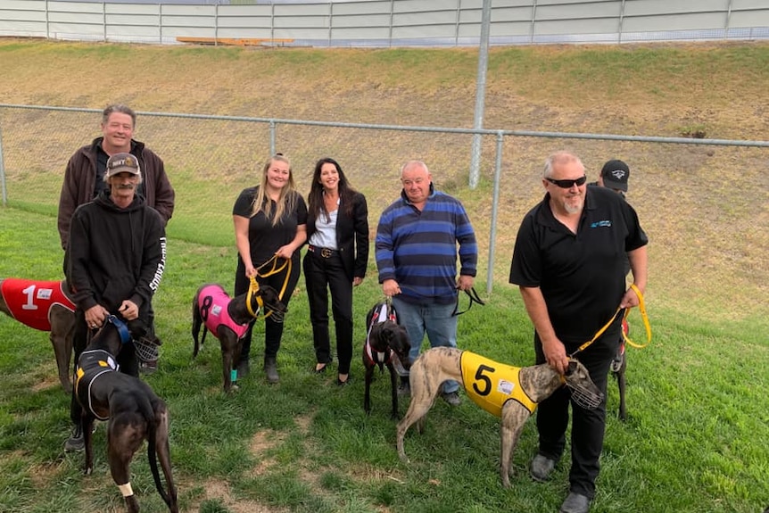 A group of people with greyhounds.