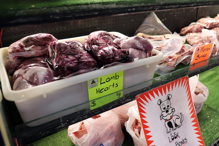 A display cabinet in a butcher shop with a tub of red flesh wrapped in plastic sign saying lamb hearts, a sign for dog bones bel