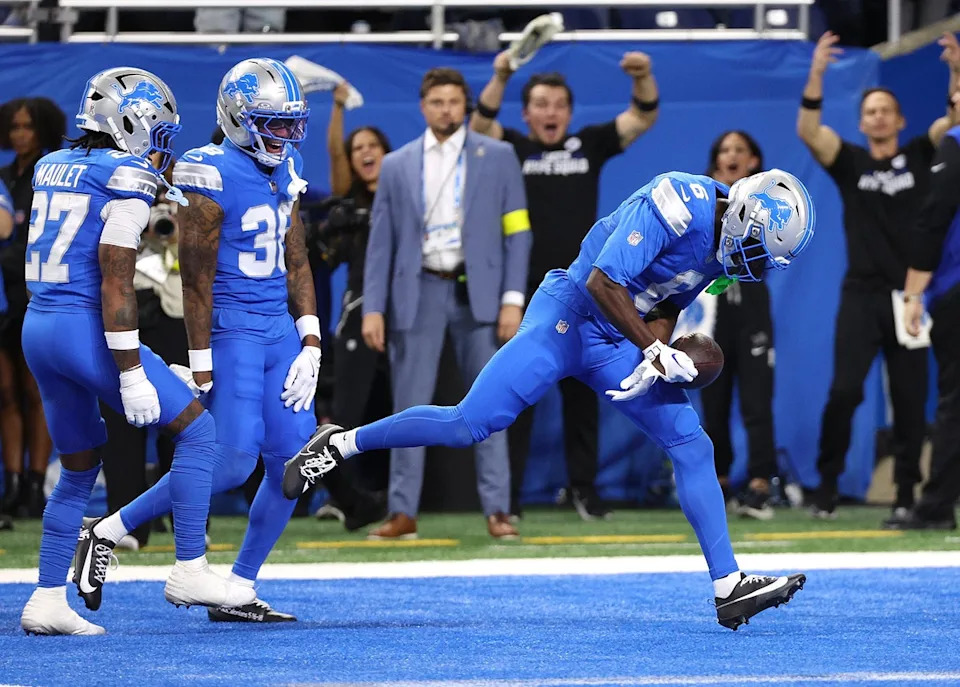 Terrion Arnold #6 of the Detroit Lions celebrates a interception in the second quarter against the Minnesota Vikings in the game at Ford Field on November 02, 2025 (Getty)