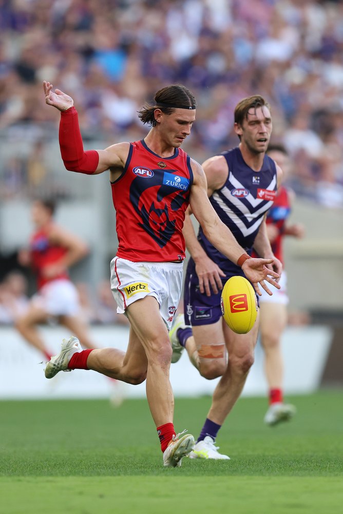 Jai Culley of the Demons kicks the ball during the round two AFL match between Fremantle Dockers and Melbourne Demons at Optus Stadium, on March 21, 2026, in Perth, Australia. (Photo by Janelle St Pierre/AFL Photos/via Getty Images)