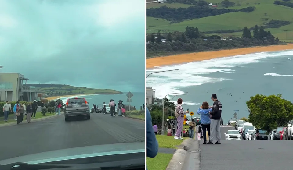 Two side by side images of Tasman Drive in Gerringong with crowds forming on either side of the street.