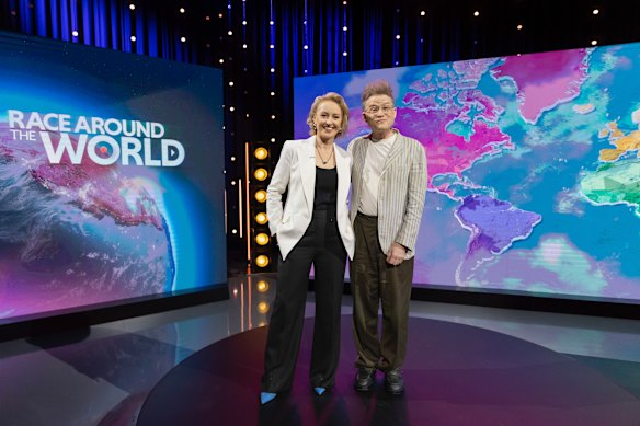 On the set of Race Around The World with one of the show’s former contestants turned judges, John Safran.