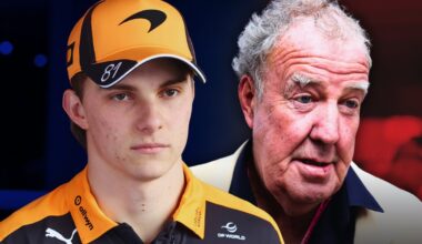Piastri in McLaren kit looking annoyed next to headshot of Clarkson with straight face. Red, blue and black background