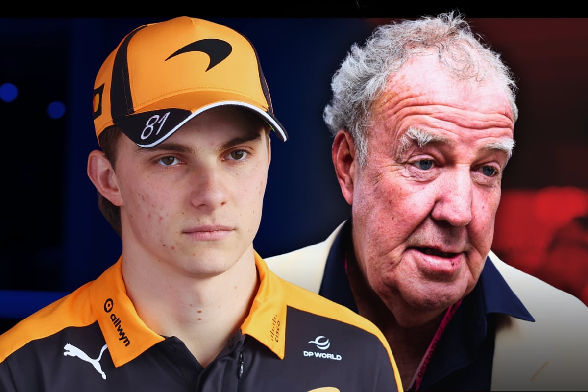 Piastri in McLaren kit looking annoyed next to headshot of Clarkson with straight face. Red, blue and black background