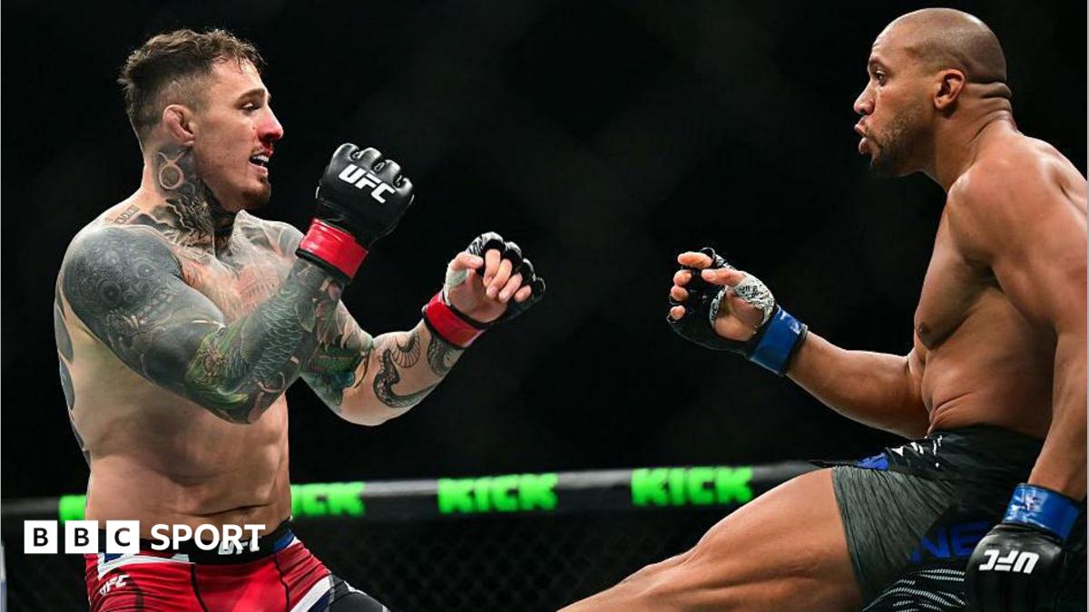 Ciryl Gane delivers a low kick to Tom Aspinall during their bout in UFC 321 in Abu Dhabi