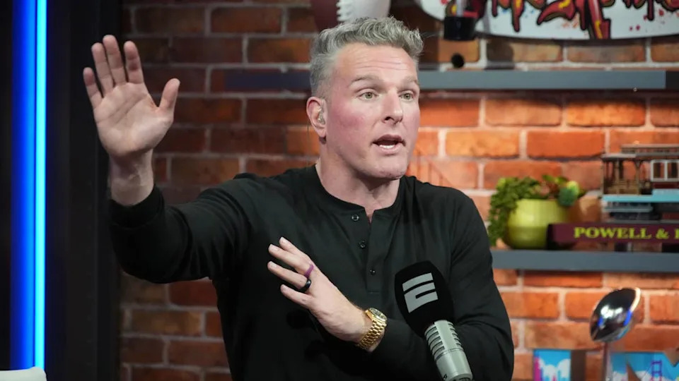 Feb 6, 2026; San Francisco, CA, USA; Pat McAfee on the Pat McAfee Show set at the Super Bowl LX media center at the Moscone Center. Mandatory Credit: Kirby Lee-Imagn Images© Kirby Lee-Imagn Images.