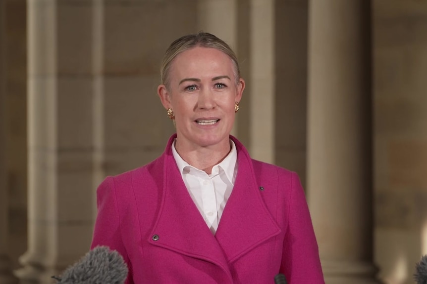 A woman wearuing a bright pink blazer speaks in with microphones in front of her.