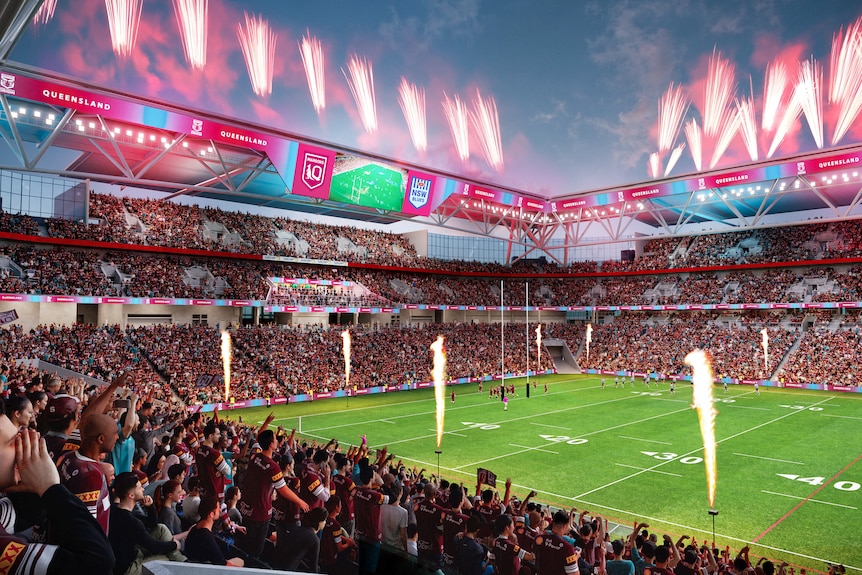 A rendered image inside a stadium showing a crowd seated around a rectangle field.