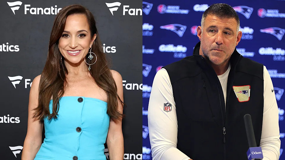 Dianna Russini in a blue dress poses at a Fanatics event. Mike Vrabel in a Patriots vest speaks at a podium with NFL logos in the background.