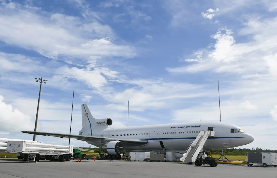 Northrop Grumman's Stargazer L-1011 aircraft is pictured in 2019 ahead of a mission using a Pegasus XL rocket to deploy a NASA satellite.