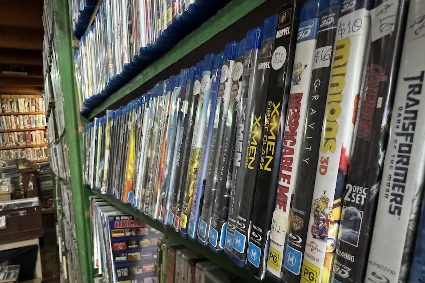 Shelf of DVD covers