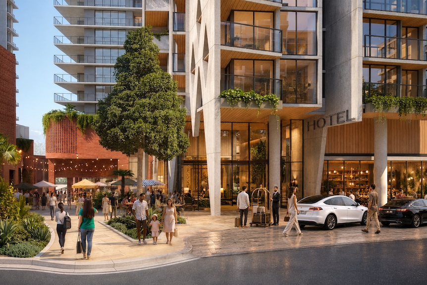 Render of the front of a hotel.