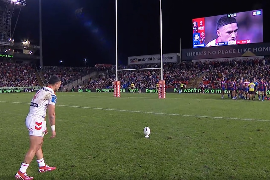 Valentine Holmes prepares to kick for goal against the Newcastle Knights