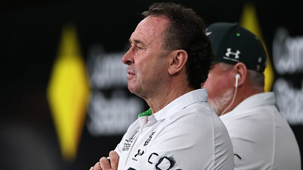 Raiders coach Ricky Stuart reacts after his team's loss to the Eels.