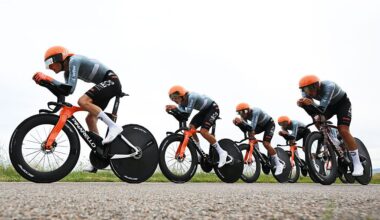 PERREUX, FRANCE - JUNE 09: A general view of Netcompany INEOS Cycling Team compete during the 78th Tour Auvergne-Rhone-Alpes 2026, Stage 3 a 28.4km team time trial stage from Perreux to Perreux / #UCIWT / on June 09, 2026 in Perreux, France. (Photo by Dario Belingheri/Getty Images)