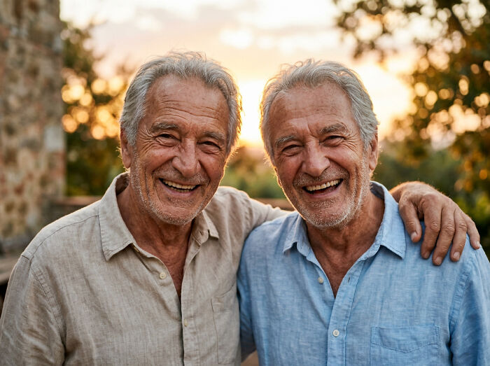 Two older men smiling and embracing outdoors, highlighting the mysterious experiences nurses have with patients.
