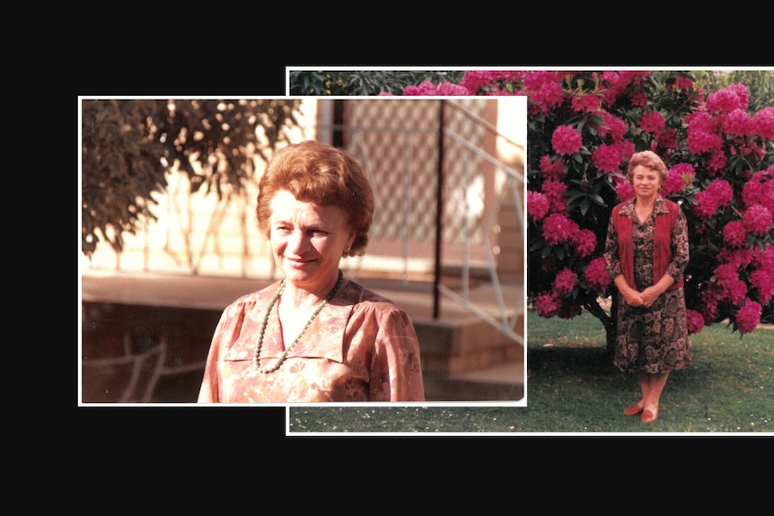 Two pictures of an older woman standing in a garden.