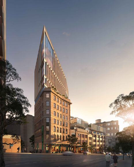 The proposal introduces a prism-like commercial tower above 4–6 Wentworth Avenue.