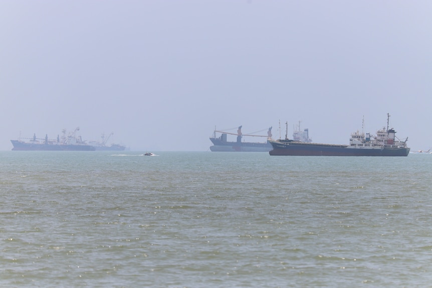 Vessels in the Strait of Hormuz near the beach of Bandar Abbas.