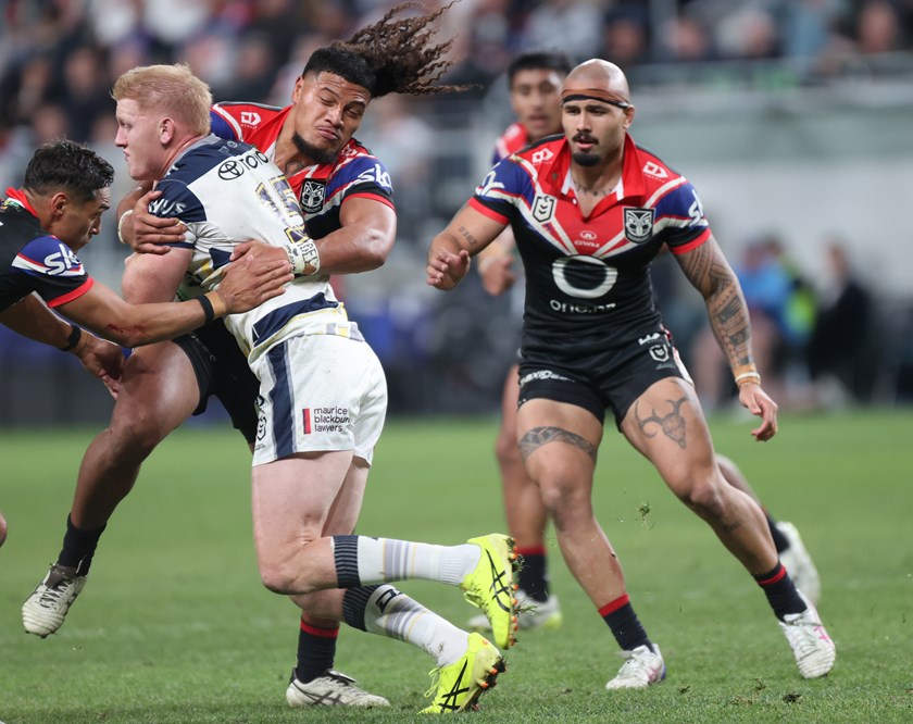 Griffin Neame launches himself at the Warriors' defence in Christchurch.