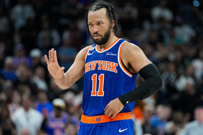 Jalen Brunson gestures during Game 5 of NBA Finals.