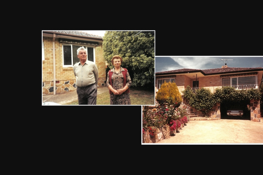A composite image of a Hungarian couple outside a house, with a photo of a two-storey house.