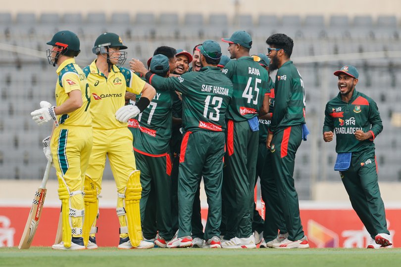 Bangladesh's players celebrate the wicket of Australia's Marnus Labuschagne, second left.