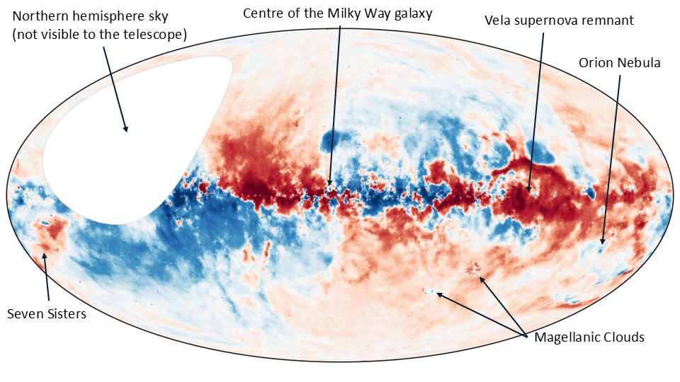 A generated image of an oblong shape with cloudy mass inside, arrows label different parts of the universe, Orion Nebula, etc.