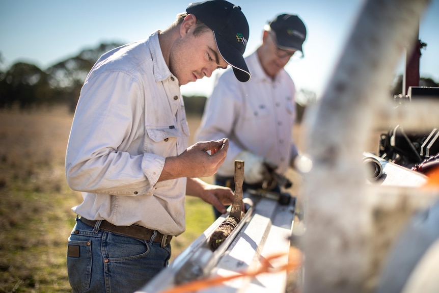 A man stands next to a tray of soil on the back of a ute