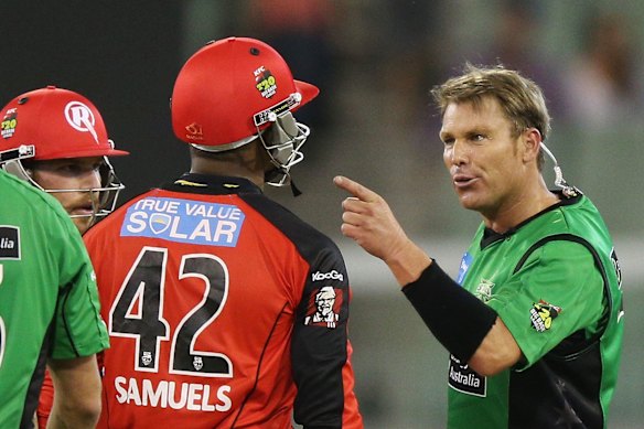 The confrontation between the late Shane Warne (right) and West Indies star Marlon Samuels in a Melbourne derby at the MCG remains one of the biggest moments in BBL history.