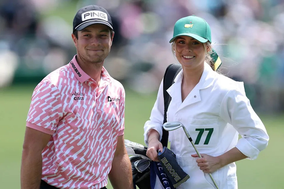 Viktor Hovland of Norway with Tuva Jensen during the Par Three Contest prior to the 2026 Masters Tournament at Augusta National Golf Club on April 8, 2026, in Augusta, Ga.Credit: Maddie Meyer/Getty